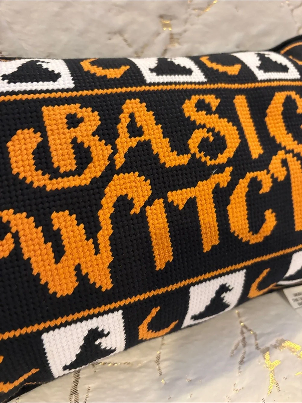 BNWT Needle Point Basic Witch Halloween Pillow - Black & Orange Knit Accent